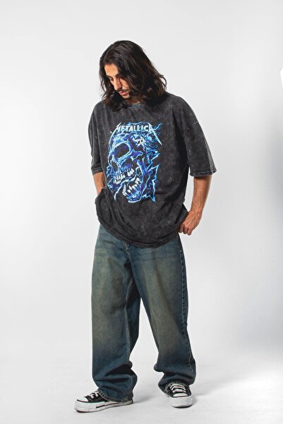 Sekizbiraltı Metallica Blue Skull Printed - Premium Washable Oversize Μαύρο T...