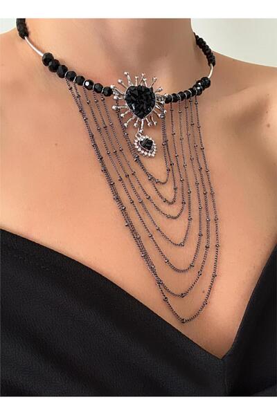 Pelin Aksesuar Siyah Kristalli Zincirli Kalp Kolye