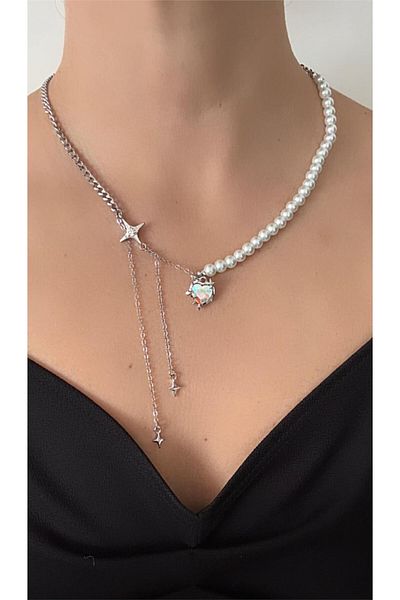 Pelin Aksesuar Silver Stone Heart and Pearl Necklace
