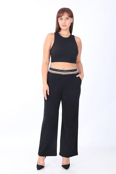 EXİTLİNE Women's Elastic Waist Double Color Stripe Black Velvet Trousers