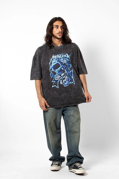 Sekizbiraltı Metallica Blue Skull Printed - Premium Washable Oversize Μαύρο T-Shirt 24/1