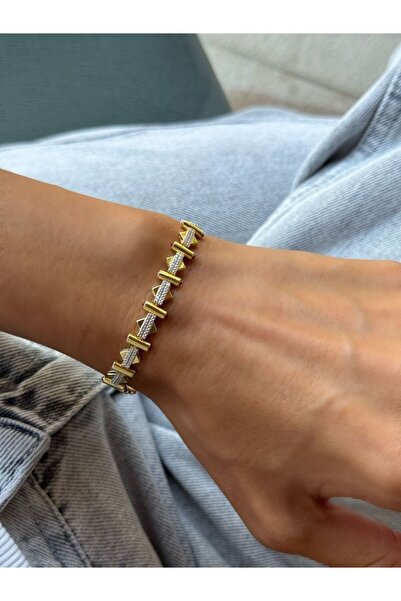 Gold Bordo Full Zirkon Taş Detaylı Geometrik Şekilli İthal Bileklik