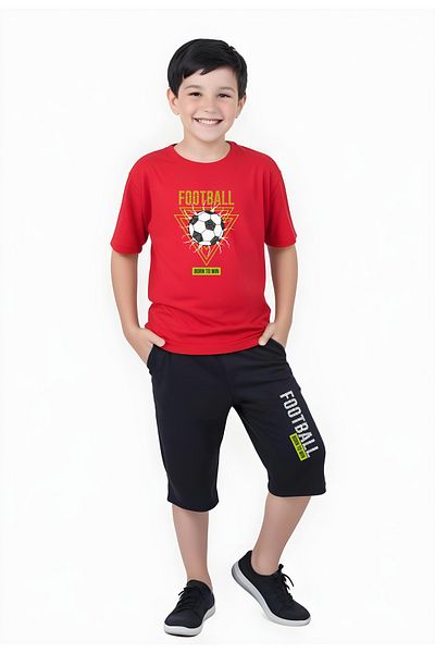 FYK COLLECTİON Football Ball Printed Boy's Double Pocket Capri Bottom-Top Suit