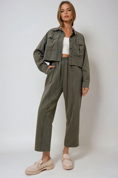 VAGGON Női khaki szezonális dupla zsebes Crop dzseki és hátsó varrás részletes nadrág szett Prmx12780