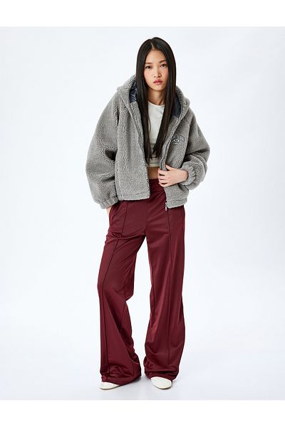 Koton Zippered Hooded Oversize Embroidered Plush Coat