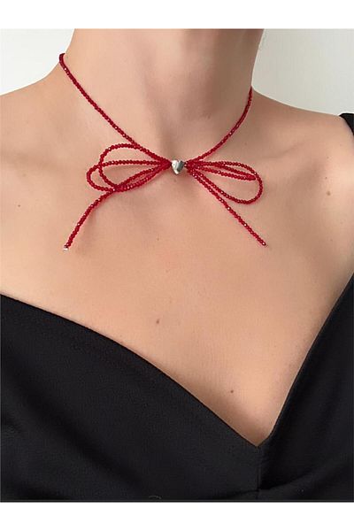 Pelin Aksesuar Red Crystal Bow Necklace