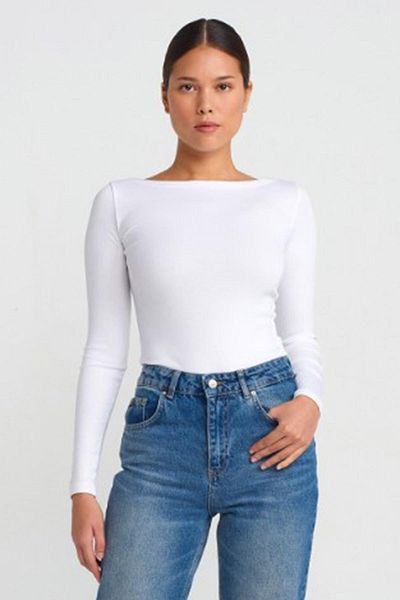 Madmext Ecru U-Boot-Ausschnitt Langarm Damen Ball Body MG2267