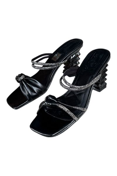İpek Silk Women's Black Stone Transparent Painted Heeled Slippers