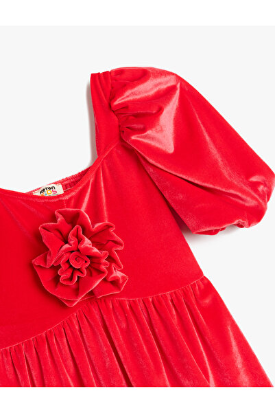 Koton Balon Kollu Bisiklet Yaka Çiçek Aplikeli  Kadife Elbise