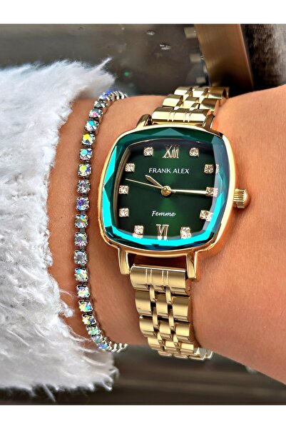 Frank Alex YEŞİL KADRANLI KARE KESME CAMLI GOLD METAL KADIN KOL SAATİ