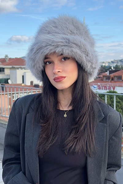 Mollycrush Faux Fur Bucket Heart Hat |   Women's Plush Winter Luxury Gray Cap