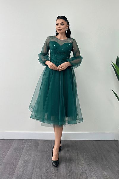 giyimmasalı Organza Fabric Pearl Λεπτομερές Midi Φόρεμα - EMERALD GREEN