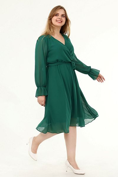 modayız Long Sleeve Plus Size Chiffon Dress 30y-1823