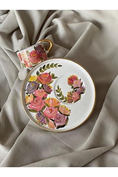 Store Special Design Hand Painted Gift Pink Flowers Themed Turkish Coffee Cup (1 Piece)