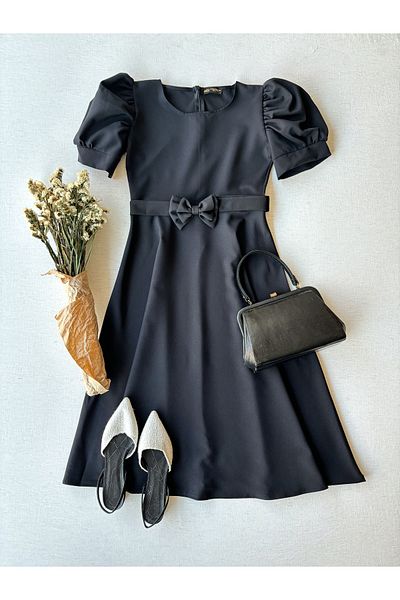 KÜÇÜĞÜM BUTİK Women's Black Color Watermelon Sleeve Crepe Midi Length Flared Dress
