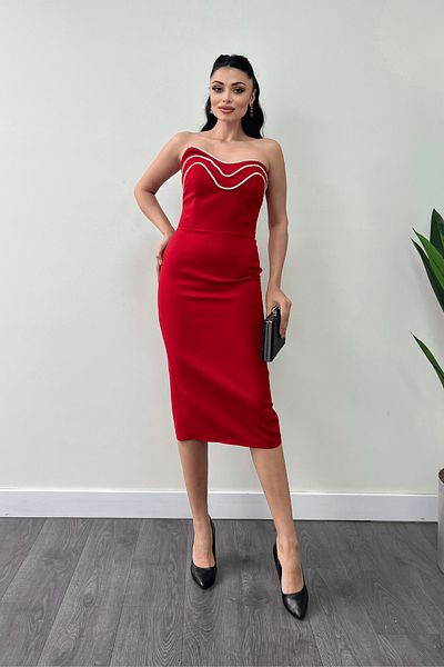 giyimmasalı Red Strapless Atlas Pencil Dress