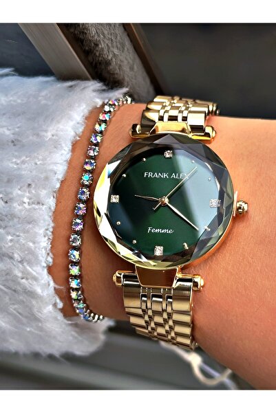 Frank Alex KESME CAMLI YEŞİL KADRANLI GOLD METAL KADIN KOL SAATİ
