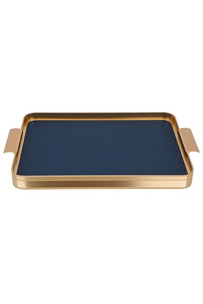 Alsaif Gallery Serving Tray Steel, Al Seif Gallery, 40×27.7×4 cm, Rectangular, Leather, Gold Edges - Blue