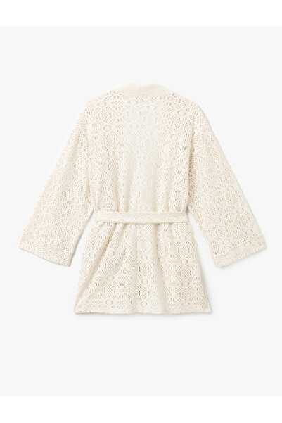 Koton Cotton Wide Sleeve Belt Detailed Long Crochet Kimono Jacket