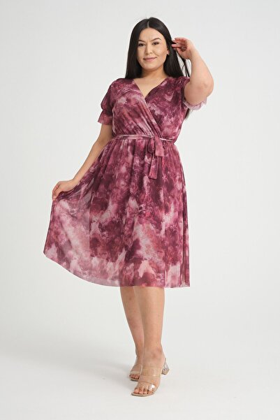 modayız Plus Size Patterned Double Breasted Collar Dress - Short Sleeve 26C-2529