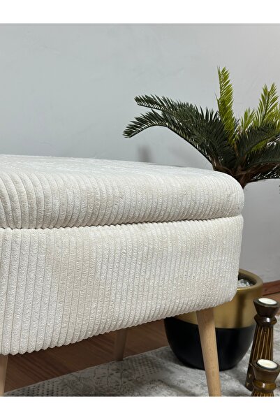 KOKİ DESİGN MİNİ OSLO İthal Premium Kumaş Fitilli Kadife Krem Sandıklı Bench Puf