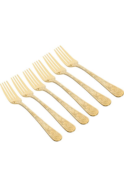 Alsaif Gallery Saif Gallery Stainless Steel Fork Set, Wooden, 6 Pieces - Gold