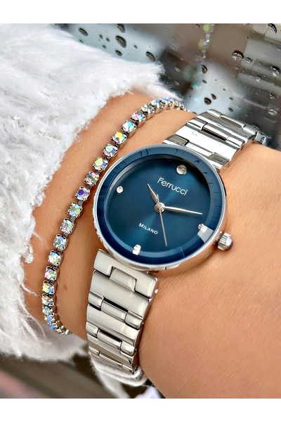 Ferrucci FERRUCCİ LACİVERT KADRANLI GÜMÜŞ METAL KADIN KOL SAATİ