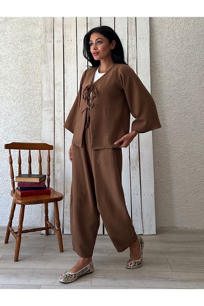 KÜÇÜĞÜM BUTİK Brown Linen Trousers-Tie Blouse Set (Pant-Bluz)