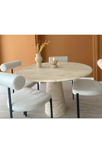 MIARIK DESIGN & DEKORASYON Yuvarlak Jozeph Tek Huni Ayak Traverten Mermer Yemek Masası