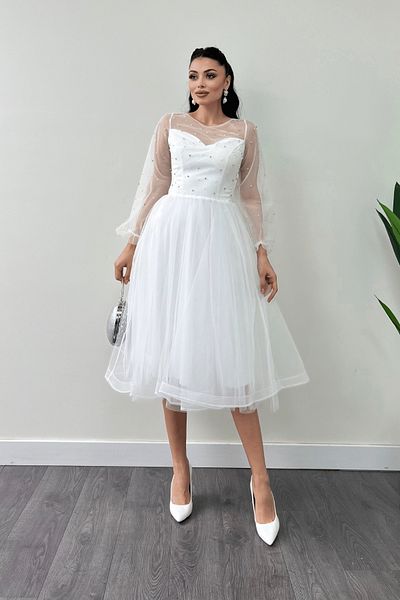 giyimmasalı Φόρεμα Organza Fabric Pearl Detailed Midi - ΛΕΥΚΟ
