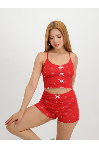 TÜKATO Women's Patterned Strap Ribbed Shorts Pajamas Set