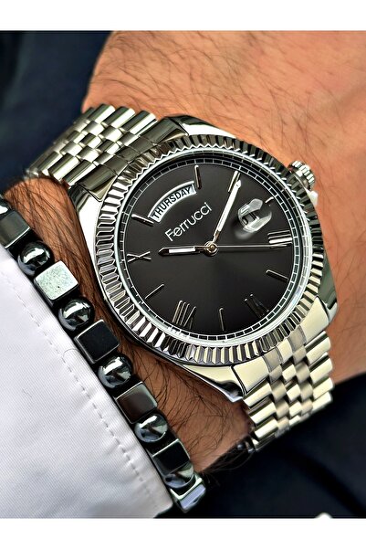 Ferrucci FERRUCCİ ROLEX MODEL SİYAH KADRANLI TAKVİMLİ GÜMÜŞ ERKEK KOL SAATİ