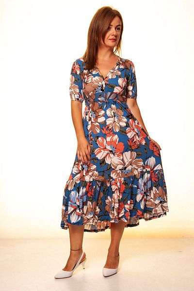 sharin Rochie lungă din viscoză, colorată, cu decolteu în V, cu mâneci pepene verde 13c-5023