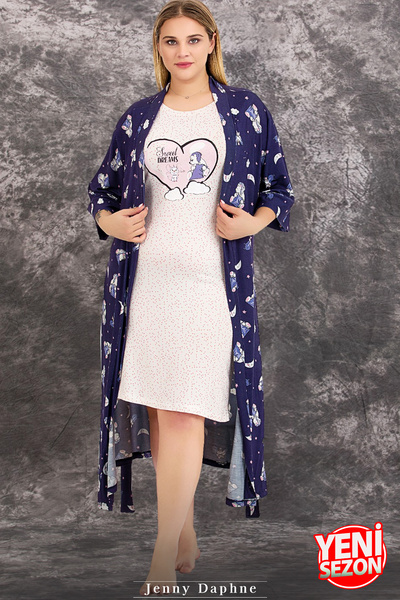 Jenny Daphne Navy Blue Viscose 2-Piece Nightgown and Dressing Gown Set - 19233