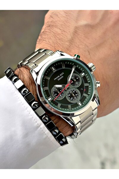 Frank Alex YEŞİL KADRANLI TAKVİMLİ FUNCTION GÜMÜŞ METAL ERKEK KOL SAATİ