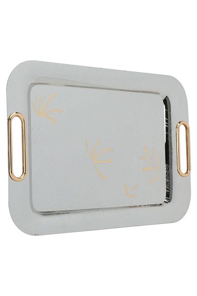 Alsaif Gallery Serving Tray Steel with Golden Handle, Al Seif Gallery, 45×30×2 cm, Rectangular, Engraved - Silver