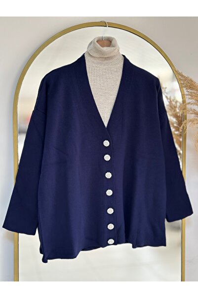 Ebrar Store Navy Blue Evin 7 Daisy Buttoned Cardigan - Zi̇6183