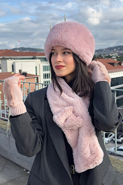 Mollycrush Γυναικείο χειμερινό σετ 3 τεμαχίων - Ροζ γάντια από ψεύτικη γούνα ...