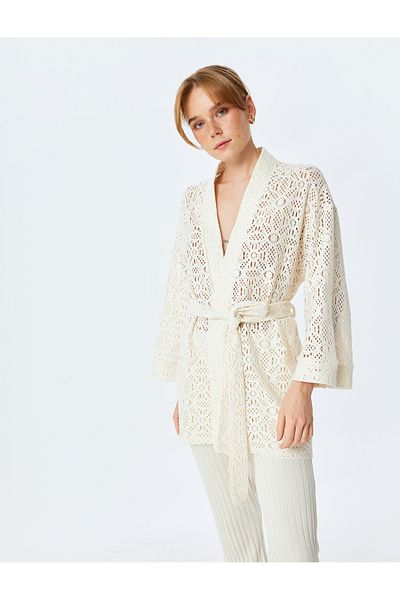 Koton Cotton Wide Sleeve Belt Detailed Long Crochet Kimono Jacket