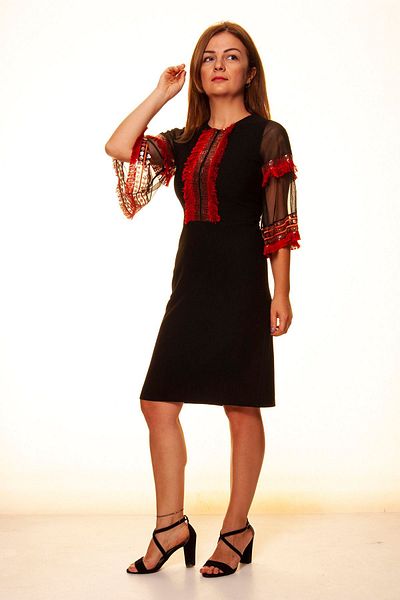 sharin Women's Black Red Embroidered Spanish Sleeve Tasseled Authentic Dress 4e-1103