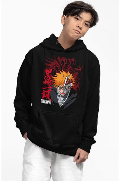 Fuddy Moda Hanocă cu glugă supradimensionată unisex cu imprimeu Bleach Ichigo