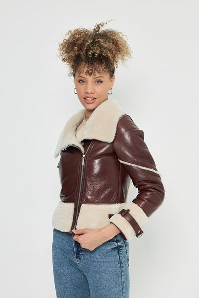 By Marki Marki Women's Crop Fur Jacket - Genuine Leather, 55 Cm, Wide Collar, Double Breasted Closure, Brown
