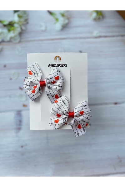 MeloKids Love Written Valentine's Day Concept Red Heart Pattern Ribbon Hairpi...