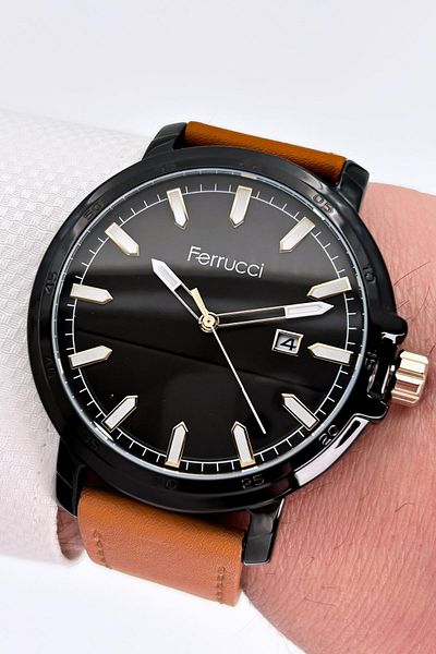 Ferrucci Men's Wristwatch with Calendar Leather Cord 3 Atm Water Resistant Bracelet Gift