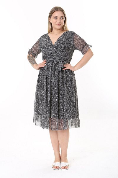modayız Double Breasted Collar Large Size Patterned Short Sleeve Dress 21D-2532