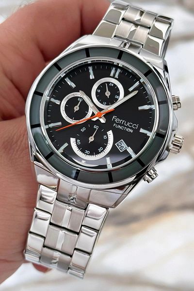 Ferrucci Function Men Wrist Watch Silver-Black Steel Band 3Atm Water Resistant Sdfer094