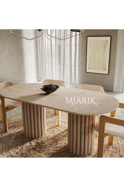 MIARIK DESIGN & DEKORASYON 2 Sütunlu Papatya Ayaklı Traverten Mermer Yemek Ma...