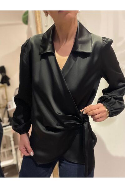 Butik Kadın, Kruvaze Bağlamalı, Gömlek Yaka, Uzun Kollu, Kalın Saten, Siyah Bluz