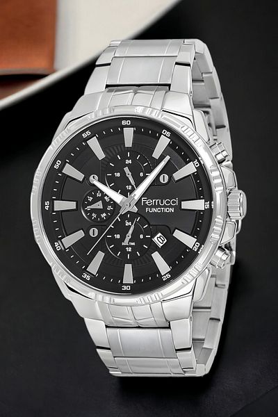 Ferrucci Fcf.13144Fm.05 Men's Silver-Black Wrist Watch & Bracelet - 3 Atm Active