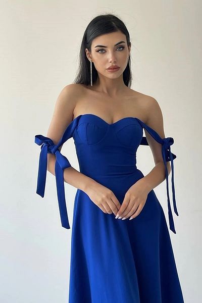 WOMAN VISION Rochie albastră Saks pentru femei, țesătură Atlas, cu cureaua din dantelă căptușită la piept, lungime midi, cu tăietură evazată 166